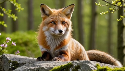 Sur un rocher, un renard attentif guette sa proie, ses yeux vifs fixant avec détermination sa cible, prêt à bondir dans une scène de chasse captivante dans la nature sauvage.