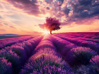 Stunning landscape with lavender tree and field's at sunset