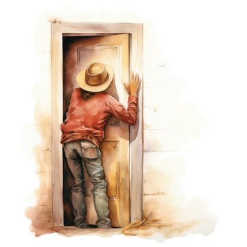 Vintage cowboy making a peeking gesture next to the door, painted in watercolor.