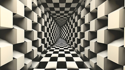 a black and white checkered tunnel with a checkered floor and white walls and ceiling