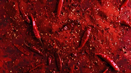 A pile of red chili peppers on a table. Suitable for food-related designs - obrazy, fototapety, plakaty