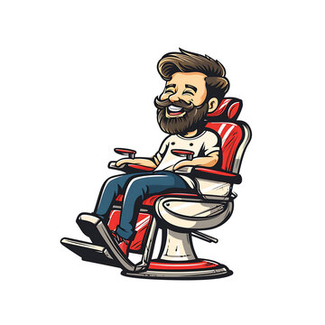 recommend clip art: Cheerful cartoon barber sitting relaxed in a classic barbershop chair, sporting a trendy beard and glasses. Generative AI