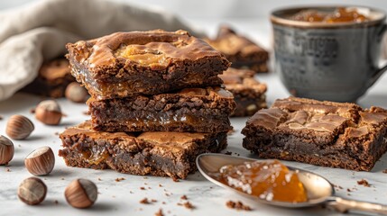   A stack of brownies on a table, beside a cup of coffee with a spoons' bite