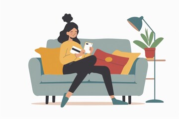 Woman sitting on a couch reading a book, suitable for educational and leisure concepts