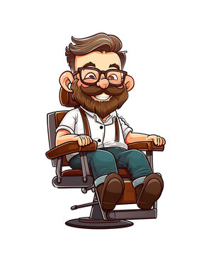 recommend clip art: Cheerful cartoon barber sitting relaxed in a classic barbershop chair, sporting a trendy beard and glasses. Generative AI