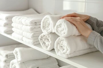 A person holding a stack of towels on a shelf. Perfect for home organization concepts