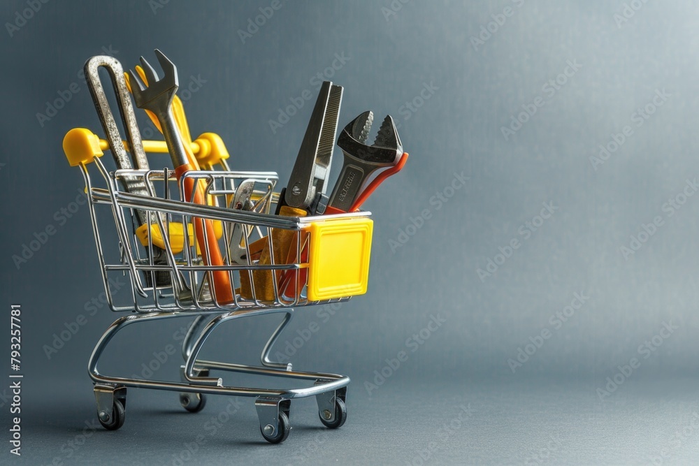 Poster shopping cart filled with tools on a table, ideal for diy projects