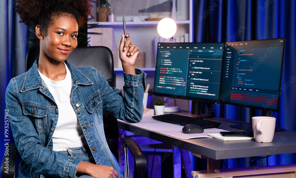 Poster young african wearing jeans shirt, it developer presenting program on computer screens displaying co
