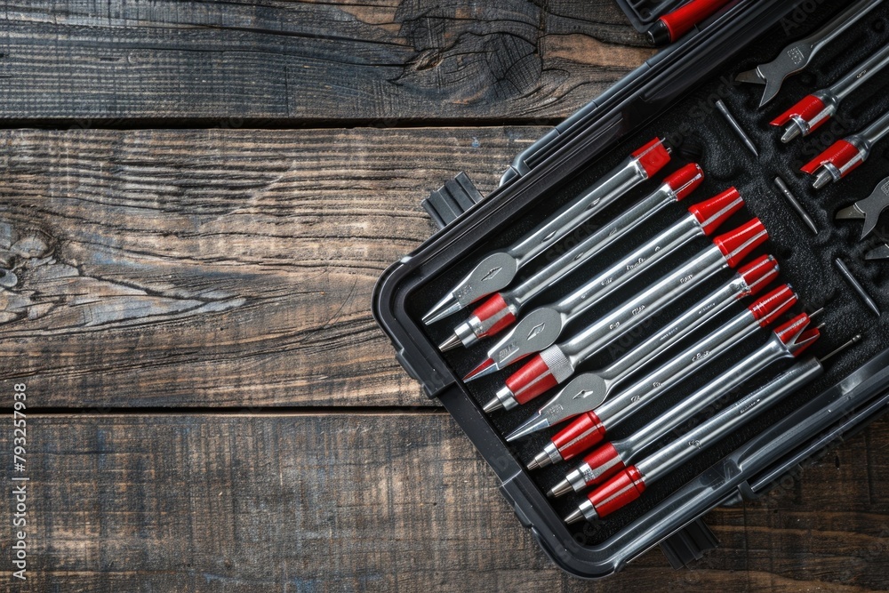 Poster tool case filled with tools on a wooden table, suitable for construction or diy projects