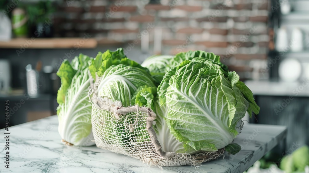 Poster a bunch of lettuce displayed on a counter. ideal for food and cooking concepts