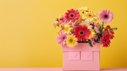 A vibrant yellow backdrop sets the stage for a delightful arrangement of fresh gerbera and carnation flowers accented with charming handmade envelopes atop a pink gift box This creative con