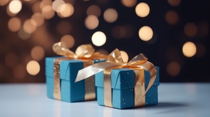 Blue gift box wrapped in paper on festive background with golden particles. Beautiful golden bow on the gift. Celebration concept. Holiday wallpaper. High quality photo - obrazy, fototapety, plakaty