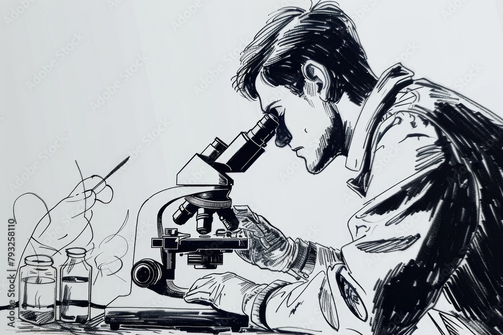 Aufkleber a man carefully examining something under a microscope. ideal for science and research concepts