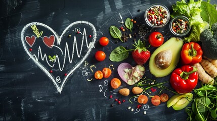 Immerse yourself in the world of health and wellness with our abstract medical concept featuring healthy food in a heart shape and a cardiograph displayed on a blackboard. - obrazy, fototapety, plakaty