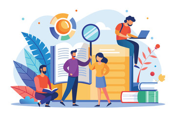 Group of People Examining User Manual With Magnifying Glass, People reading and searching on the user manual guide book, Simple and minimalist flat Vector Illustration