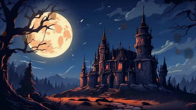 Creepy old castle with full moon in the background. A small fire is burning in front of the evil witch's castle church. happy halloween video backgrounds. 4k looping animated backgrounds, 2D flat anim