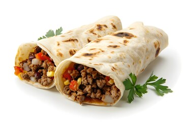 Burritos isolated on white background. Traditional Mexican food concept. Latin American cuisine. Design for menu, advertising, banner