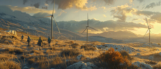 Moutain landscape with wind turbines, green energy, environement care