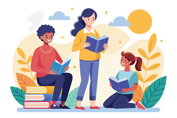 Group of People Engaged in Reading Books, People reading and teacher guidance, Simple and minimalist flat Vector Illustration