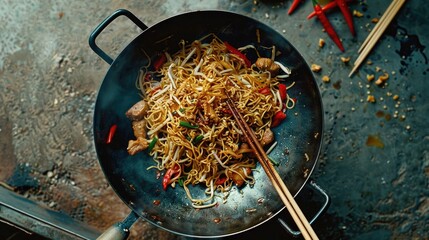 Delicious wok dish with noodles and meat, perfect for Asian cuisine concepts