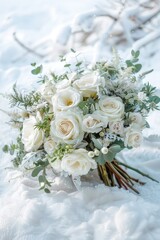 A beautiful bouquet of white flowers resting in the snow. Perfect for winter-themed designs