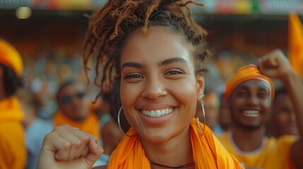 A woman with an orange scarf is smiling happily in front of a crowd at an event