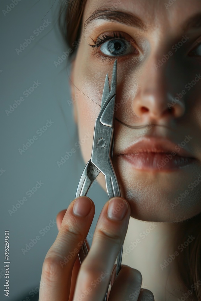 Poster A close up of a person holding a pair of scissors. Suitable for various design projects