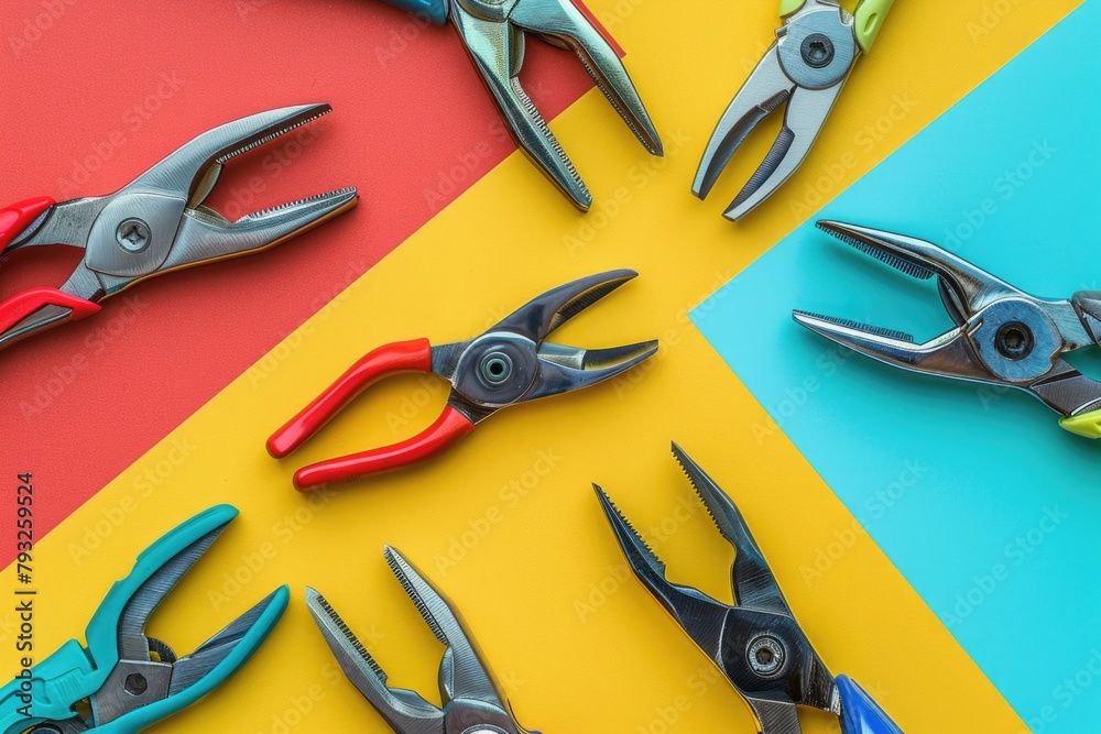Poster Various types of pliers on a vibrant backdrop, ideal for DIY projects or tool-related concepts