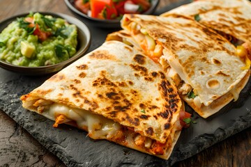 Cheesy quesadillas served with guacamole and salsa. Traditional Mexican food concept. Latin American cuisine. Design for menu, advertising, banner 