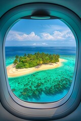 An Airplane Window Frames the Stunning View of a Serene Tropical Island, Inviting Adventure and Relaxation, Generative AI