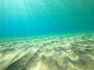 Fototapeta na wymiar underwater blue ocean wbackground with sandy sea bottom in corfu island,Greece