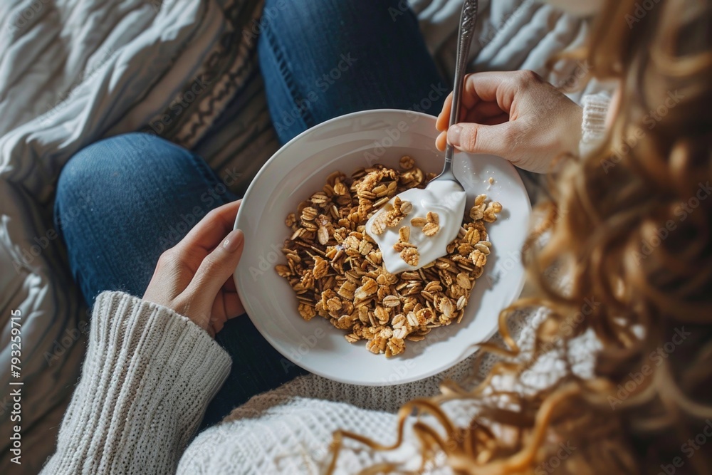 Poster A woman enjoying a healthy breakfast. Perfect for health and wellness promotions