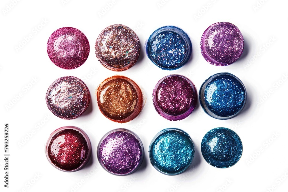 Poster various colored glitters scattered on a white background. perfect for adding a touch of sparkle to y