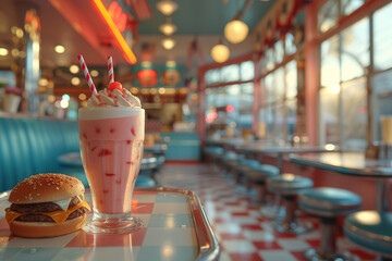 A retro-style diner serving milkshakes and burgers on checkered tablecloths, harkening back to the...