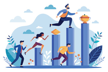 Obraz premium Group of People Running Up a Bar Graph, People run to their goal on the column of columns, move up motivation, Demonstrating finance growth, Simple and minimalist flat Vector Illustration