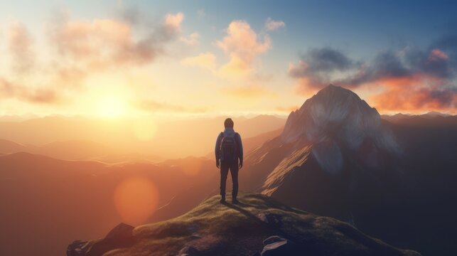 A man standing on top of a mountain as the sun sets. Goals and achievements concept photo composite. Concept vision, Hiker looking mountain and enjoying sunrise. High quality photo