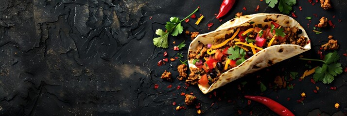 Taco with vegetables on black background. Traditional Mexican food concept. Latin American cuisine. Design for menu, advertising, banner with copy space
