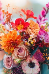 A vase filled with vibrant, colorful flowers. Perfect for any floral design project
