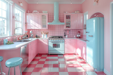 A retro-style kitchen decorated with pastel colors and chrome accents, capturing the aesthetic of...