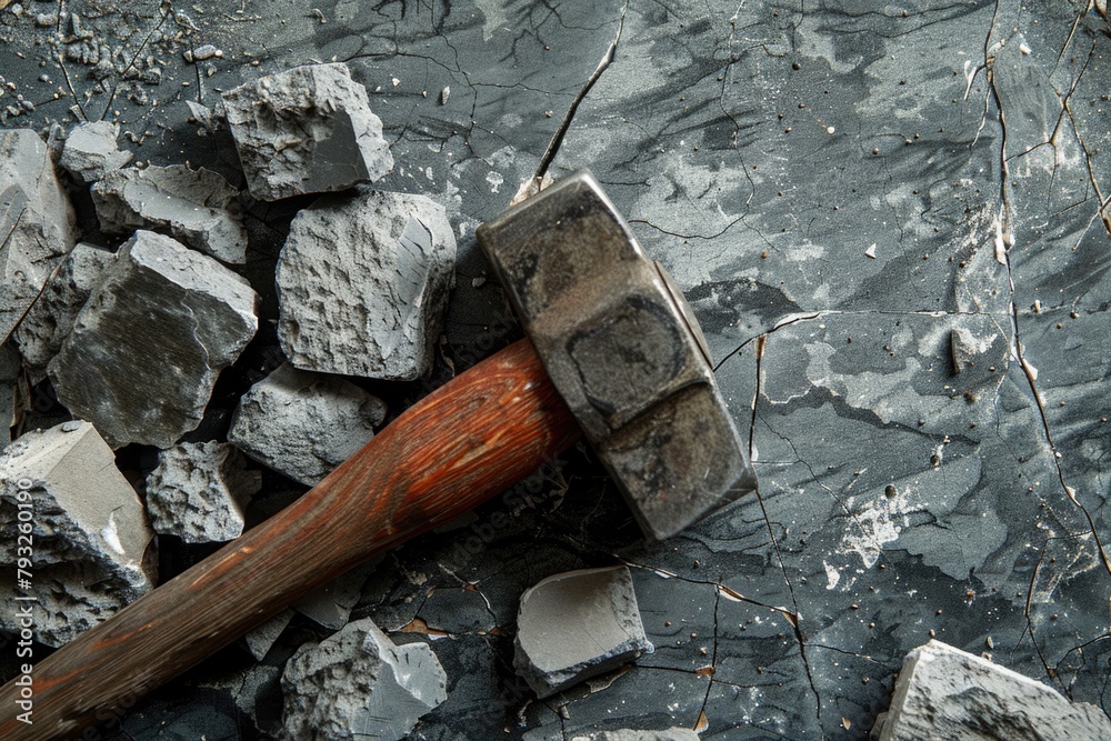 Poster a hammer resting on a pile of rocks. suitable for construction or diy projects