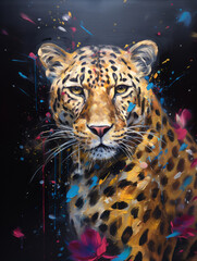 Leopard on black background impasto oil painting in impressionism style, wide brush stroke. Acryl illustration for poster, banner, print.
