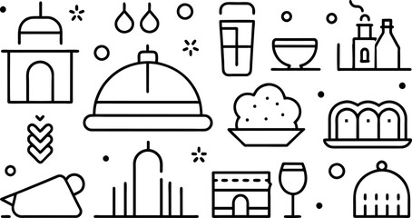 Restaurant Line Editable Icons set. Vector illustration in modern thin line style of public catering related icons menu categories, table reservations, food and drinks, and more