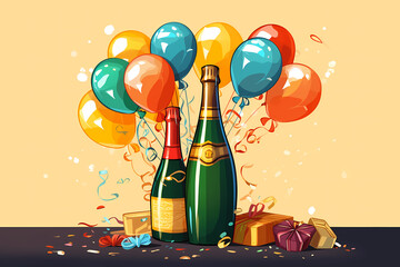 Cartoon style champagne bottles with colorful balloons and gifts. background