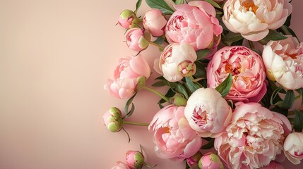 Capture the essence of Mother s Day with a delightful top view photograph showcasing a beautiful arrangement of fresh pink peonies and roses set against a soft pastel pink backdrop leaving 