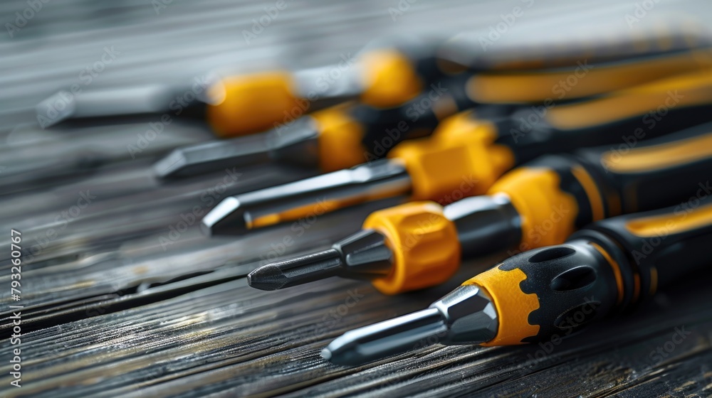 Poster a collection of screwdrivers on a rustic wooden table, perfect for diy projects