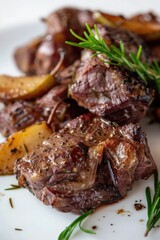 A white plate with a delicious serving of meat and potatoes. Perfect for food-related projects