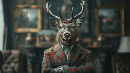 Elegant stag-headed man in vintage attire