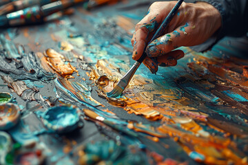A painter adding brushstrokes to a canvas, layering colors and textures to create a masterpiece....