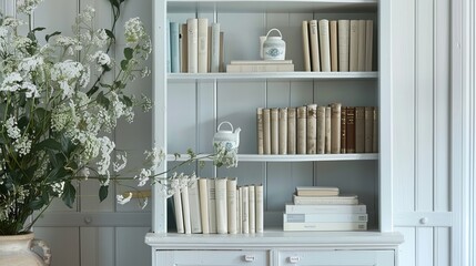 Step into the cozy ambiance of a UK home with this inviting scene featuring a white wooden bookcase filled with books. Nestled against a wall in a well-loved living room,  - obrazy, fototapety, plakaty