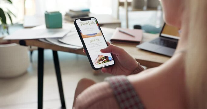 Hands, phone screen and fast food in home for girl with scroll, choice and search for deal on mobile app. Hungry woman, smartphone and ux for hamburger, lunch and online shopping in lounge at house